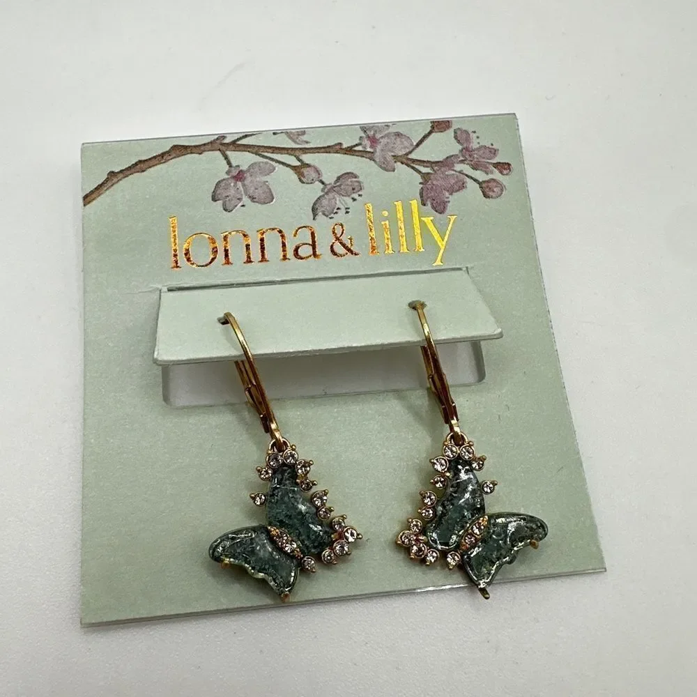NWT lonna & lilly butterfly and rhinestones in gold tone dangle earrings!‎